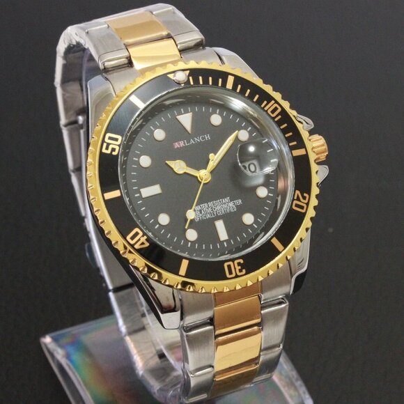 Men's Diver Style Watch Black Bezel Silver Gold Tone 40mm - Picture 2 of 14